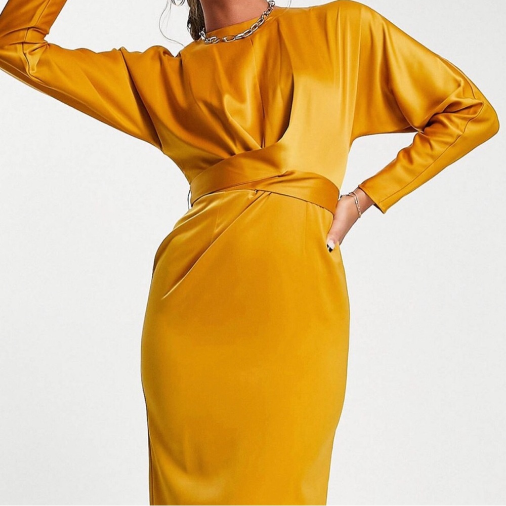 ASOS Design Maxi Satin Dress with Batwing Sleeves and Wrap Waist Tie Sz 8